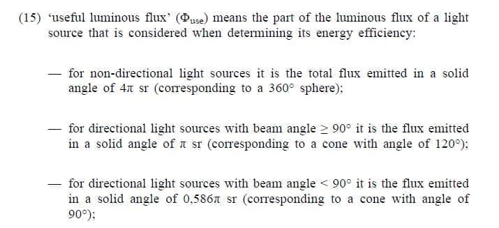 ErP能效标签法规(EU)2019/2015有用光通量φuse定义，非定向光源定向光源测试方法，4Π sr立体角360°球体，Π sr立体角120°锥体，0.586Π sr立体角90°锥体，光束角定义，积分球分布光度计测试方法，翊明科技GMS分布光度计测试